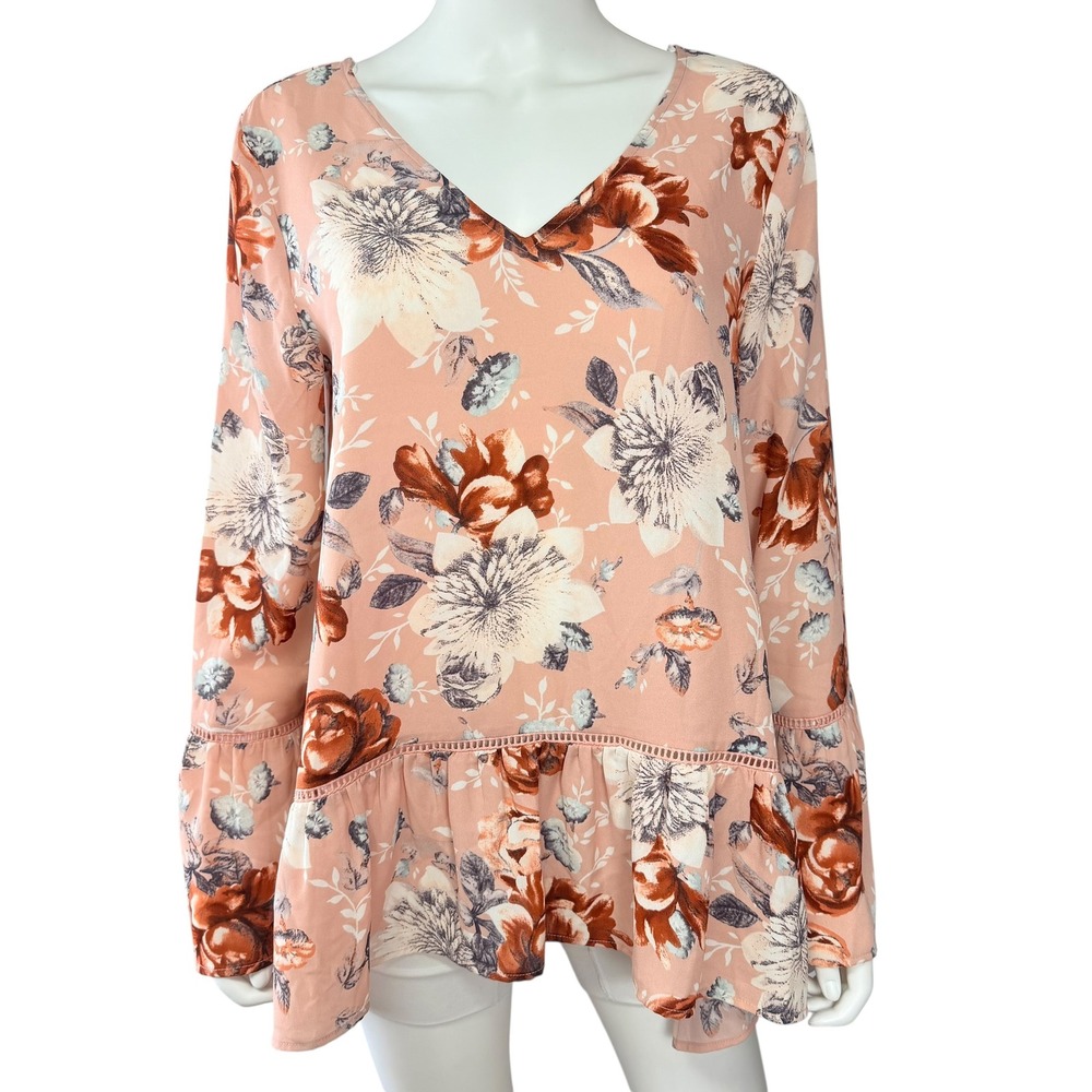 Pleione Peach Floral Boho Blouse Bell Sleeve Open Back Cottagecore‎ Prairie L